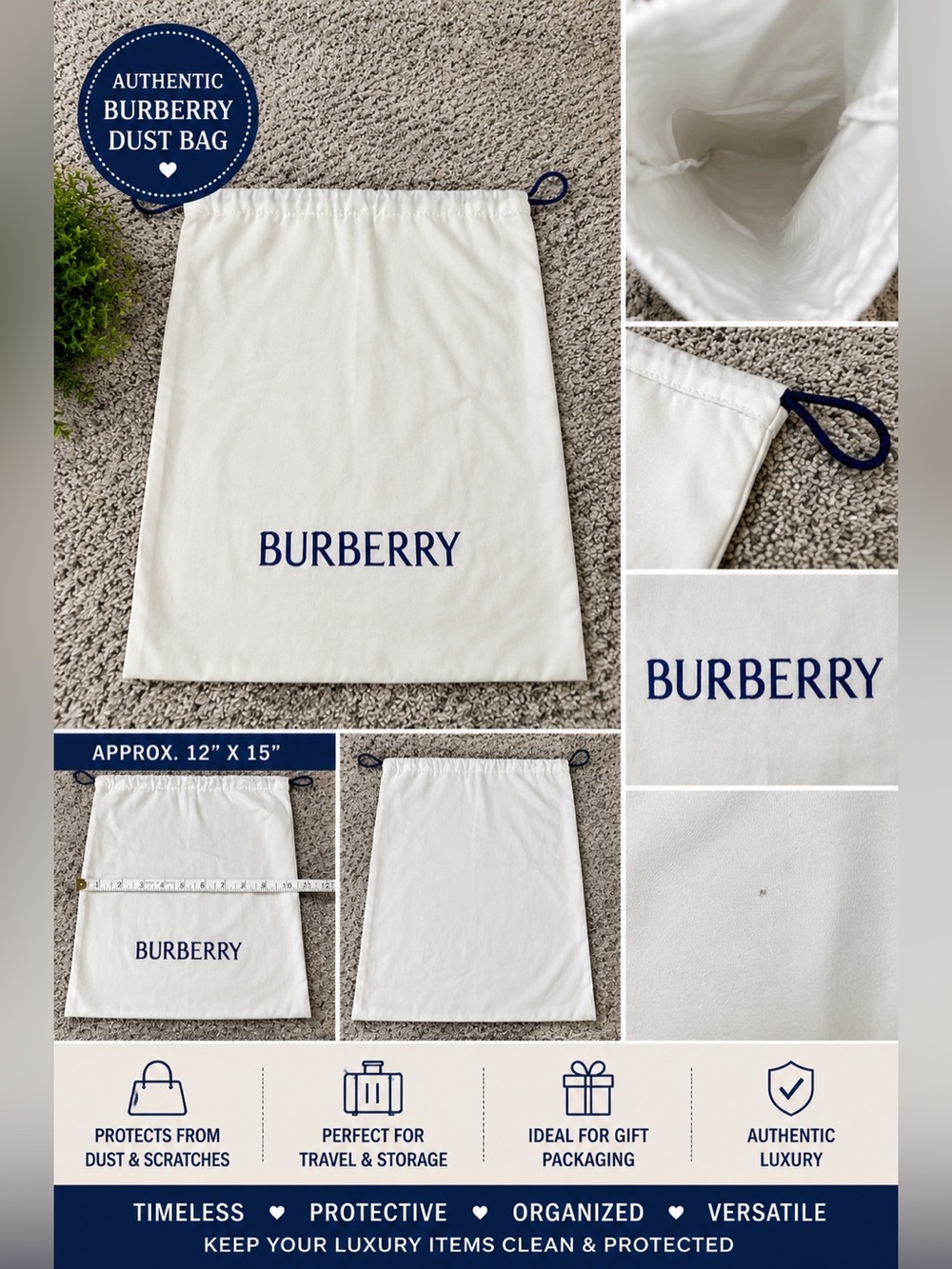 Burberry White Blue Drawstring Dust Bag Storage Travel Organizer